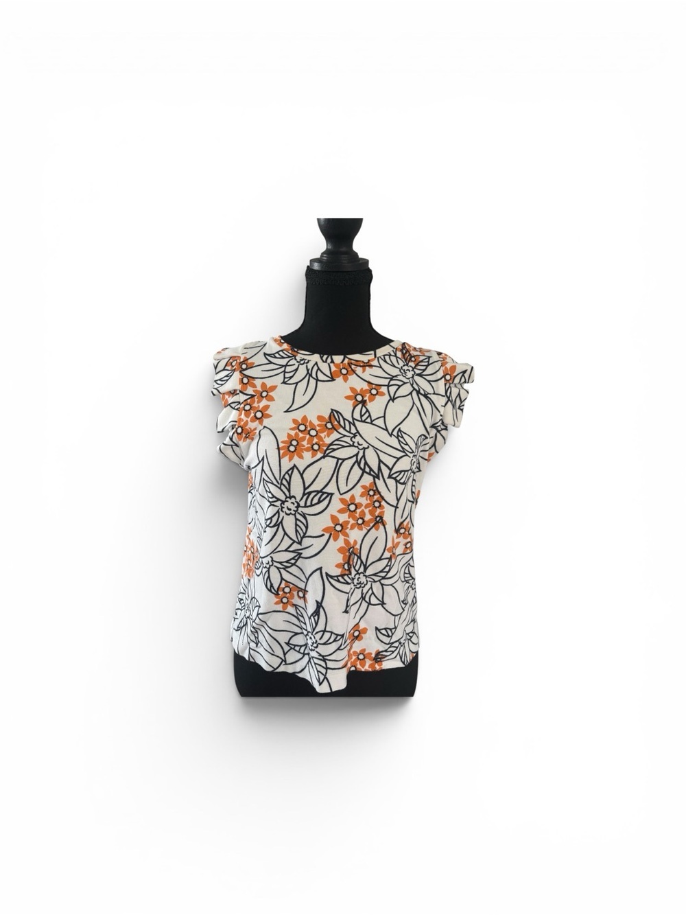 Ann Taylor White Floral Ruffle Sleeve Blouse with Orange & Black Accents